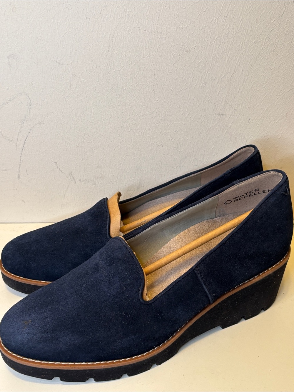 Vionic Navy Suede Wedge Loafers with Tan Trim 10 - Picture 2 of 8